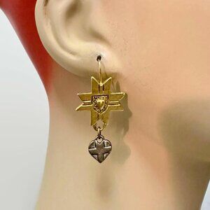 Heart Earrings, Cross, Mixed Metal Earrings, Vintage, Silver, Brass, Pierced